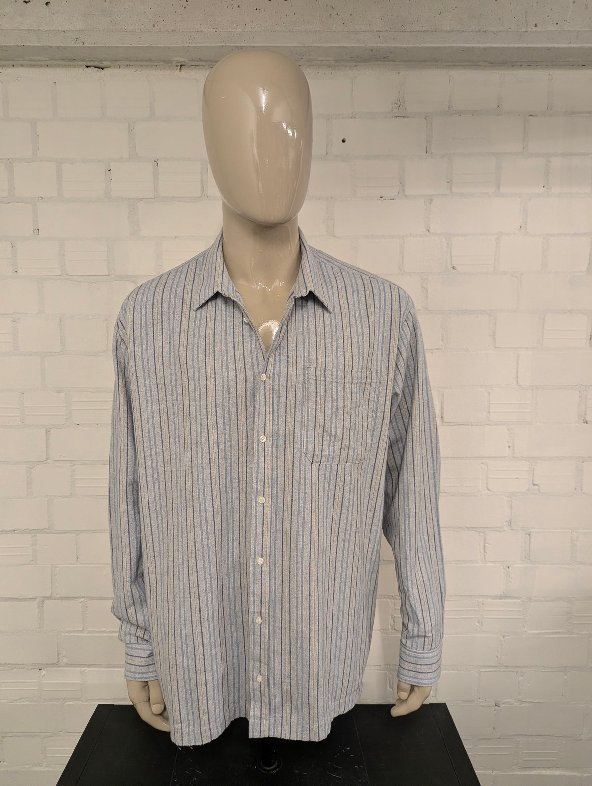 Vintage Flanellen overhemd. Blauw Bruin gestreept. Maat 3XL / XXXL.  #839.