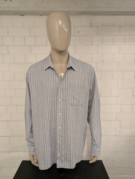 Vintage Flanellen overhemd. Blauw Bruin gestreept. Maat 3XL / XXXL.  #839.