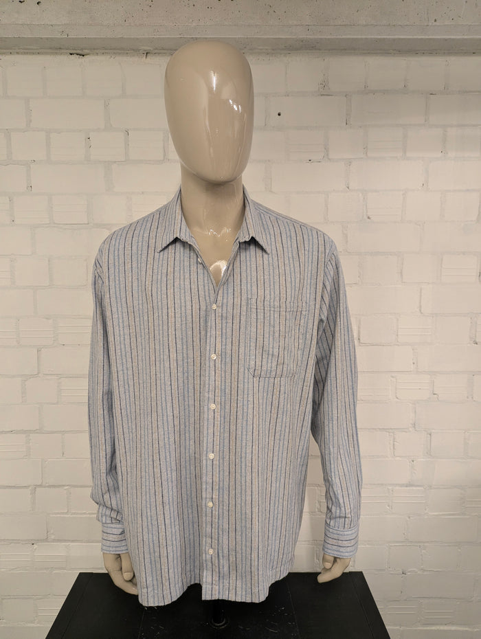 Vintage Flanellen overhemd. Blauw Bruin gestreept. Maat 3XL / XXXL.  #839.