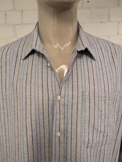Vintage Flanellen overhemd. Blauw Bruin gestreept. Maat 3XL / XXXL.  #839.