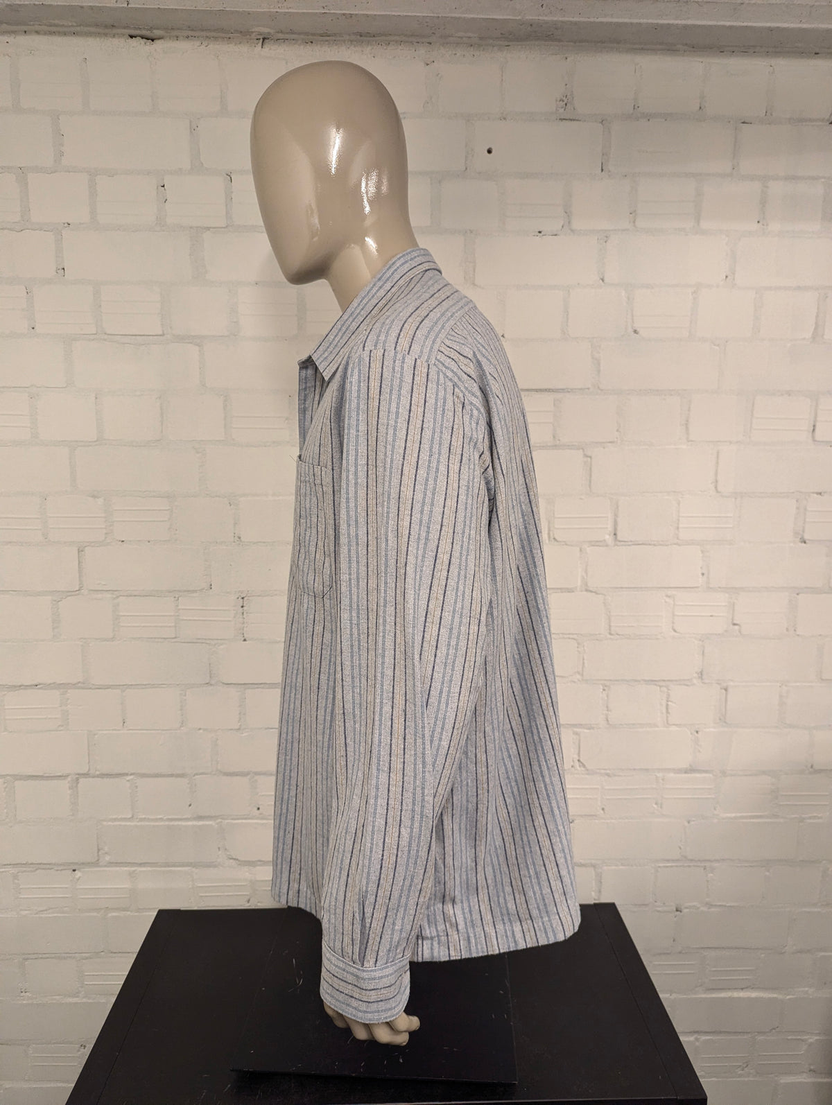 Vintage Flanellen overhemd. Blauw Bruin gestreept. Maat 3XL / XXXL.  #839.