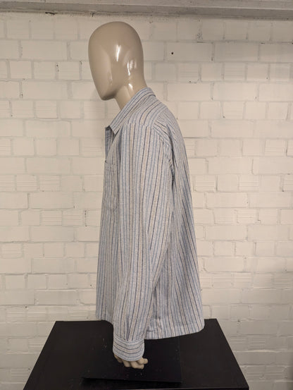 Vintage Flanellen overhemd. Blauw Bruin gestreept. Maat 3XL / XXXL.  #839.
