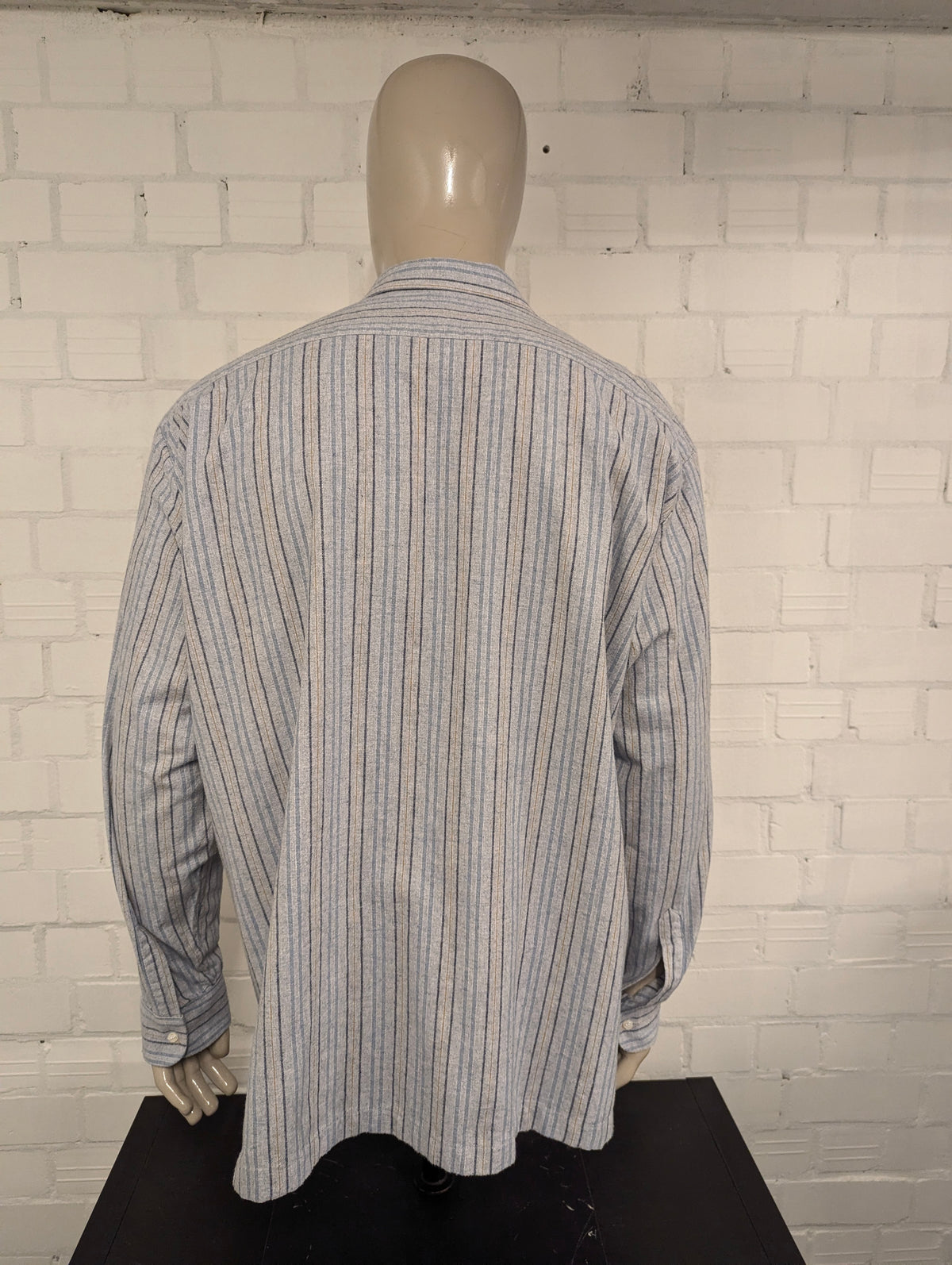 Vintage Flanellen overhemd. Blauw Bruin gestreept. Maat 3XL / XXXL.  #839.