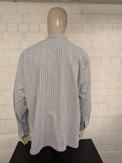 Vintage Flanellen overhemd. Blauw Bruin gestreept. Maat 3XL / XXXL.  #839.