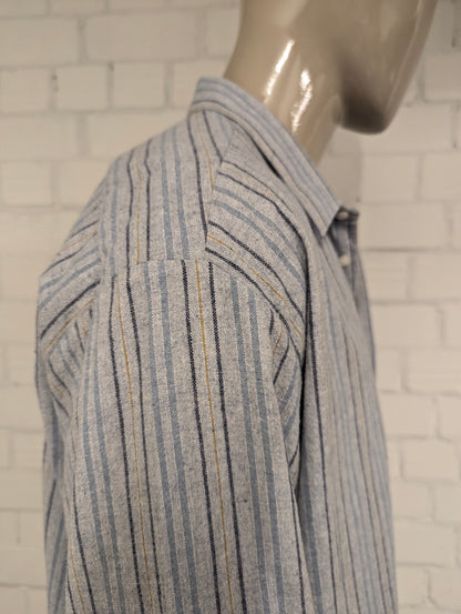 Vintage Flanellen overhemd. Blauw Bruin gestreept. Maat 3XL / XXXL.  #839.