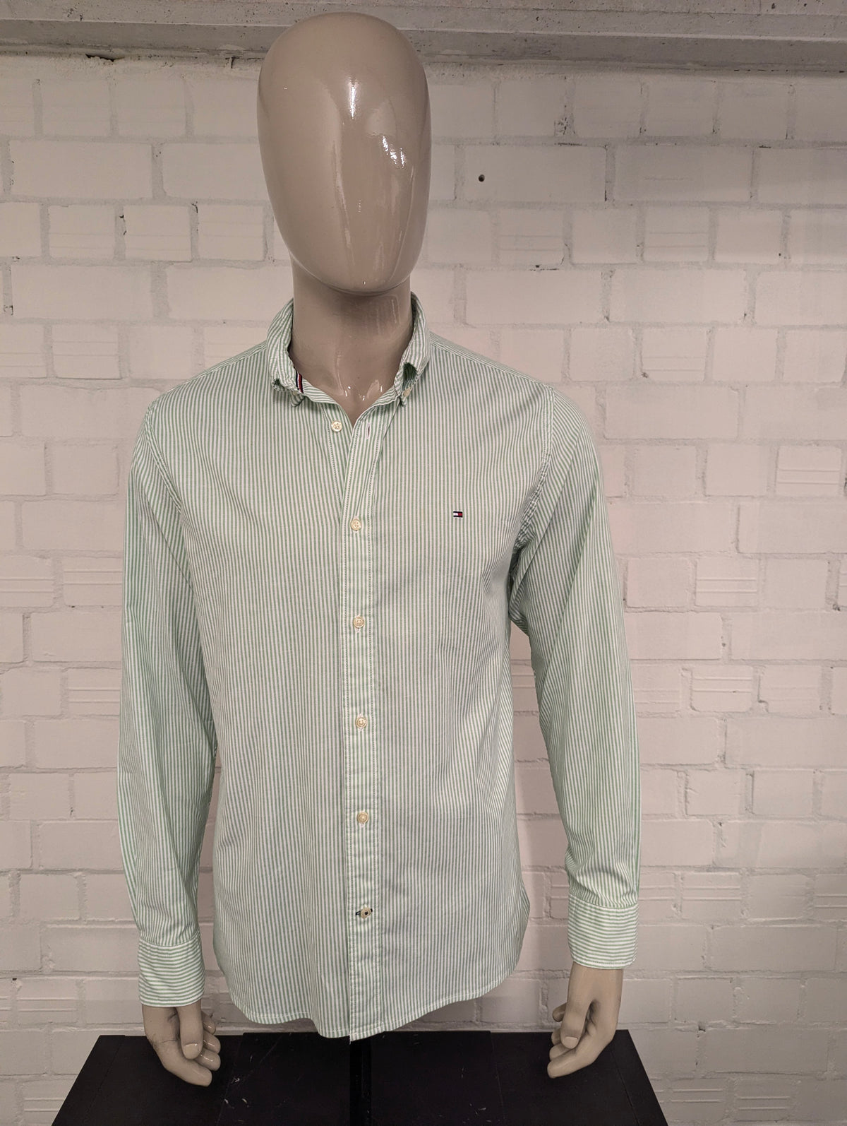 Tommy Hilfiger overhemd. Groen Wit gestreept. Maat L. ntflex. regular fit. stretch.