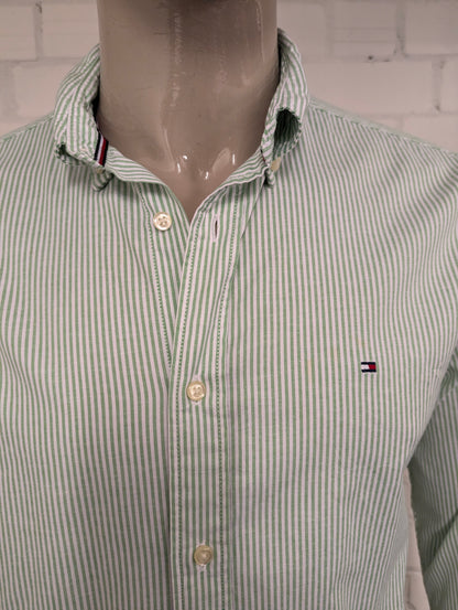 Tommy Hilfiger overhemd. Groen Wit gestreept. Maat L. ntflex. regular fit. stretch.