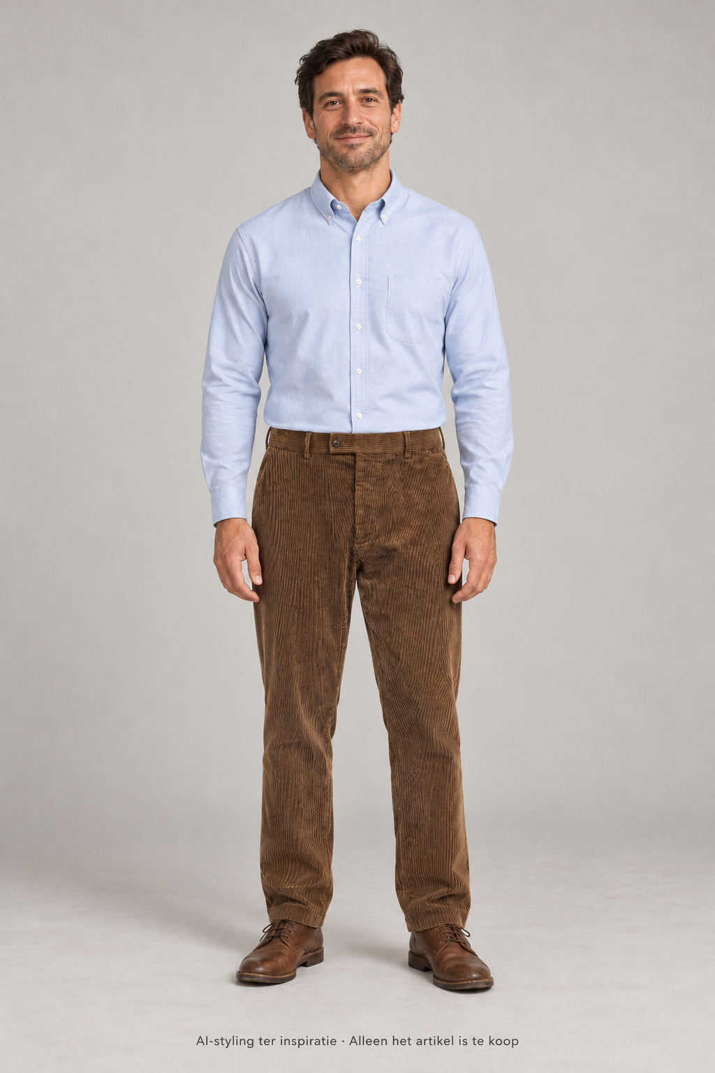 AI-styling ter inspiratie: Skopes ribbroek. Groffe rib. Bruin gekleurd. Maat 50. Alleen dit artikel is inbegrepen; overige kleding, schoenen en accessoires niet.