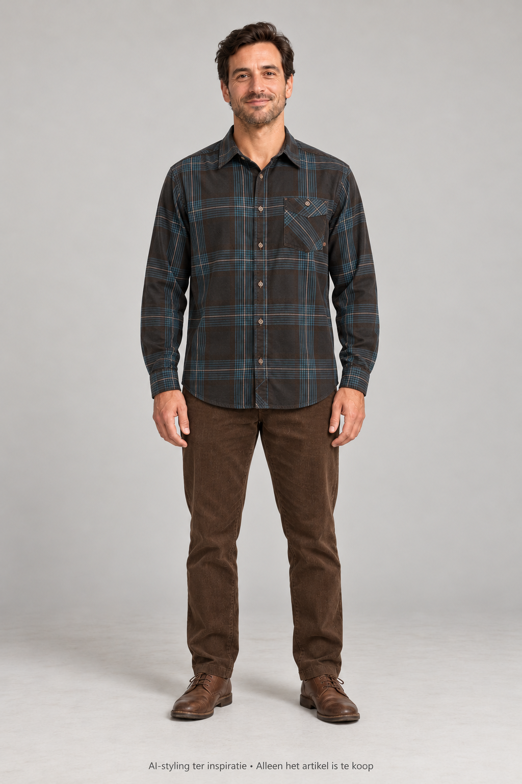AI-styling ter inspiratie: Mountain hardwear overhemd. Groen Grijs Bruin geruit. Maat L. Alleen dit artikel is inbegrepen; overige kleding en schoenen niet.
