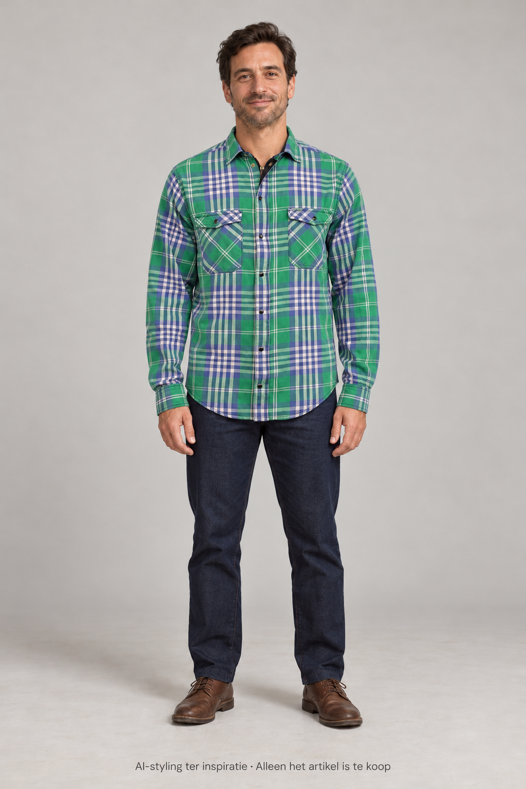 AI-styling ter inspiratie: Vintage Dickies overhemd met dubbele sluiting, rits en drukknopen. Groen Blauw geruit. Maat L. Alleen dit artikel is inbegrepen; overige kleding en schoenen niet.