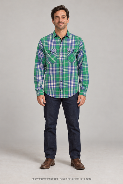 AI-styling ter inspiratie: Vintage Dickies overhemd met dubbele sluiting, rits en drukknopen. Groen Blauw geruit. Maat L. Alleen dit artikel is inbegrepen; overige kleding en schoenen niet.