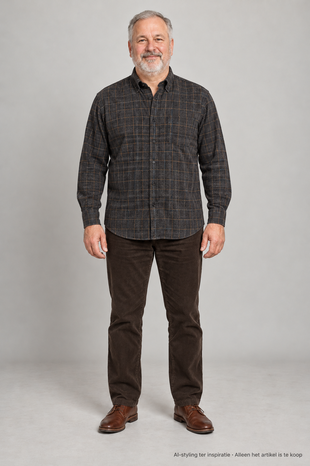 AI-styling ter inspiratie: Diniz & Cruz Flanellen overhemd. Grijs Bruin geruit. Maat XL. Alleen dit artikel is inbegrepen; overige kleding en schoenen niet.
