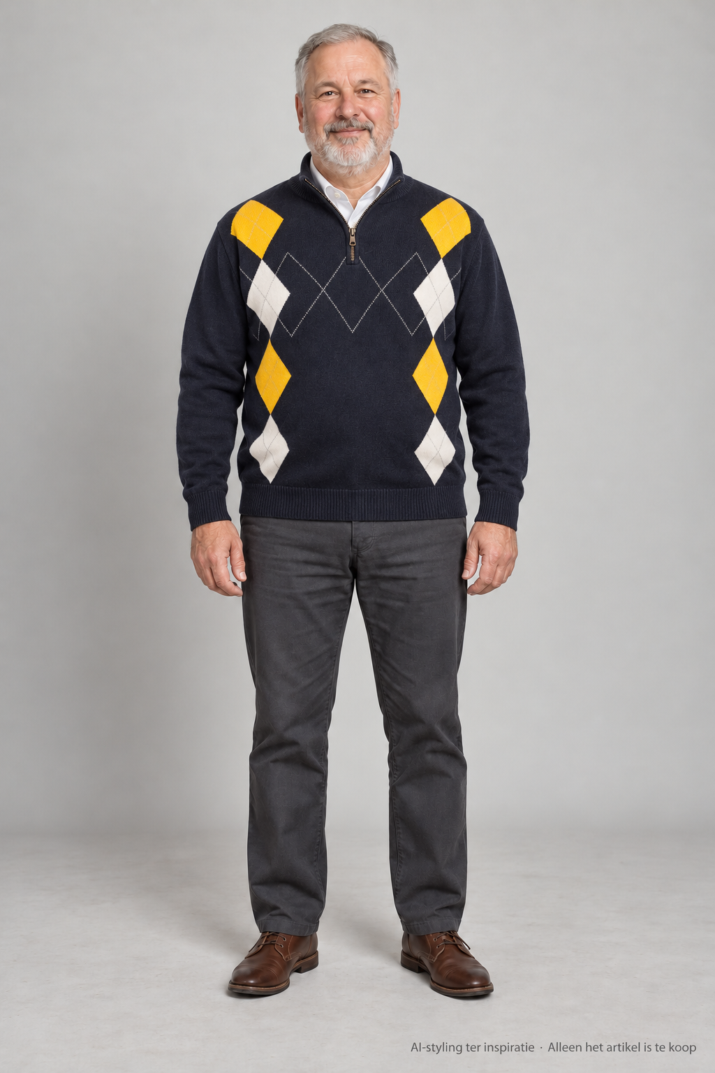 AI-styling ter inspiratie: Nautica Quarter Zip trui met korte rits. Donker Blauw Geel Wit Grijze Argyle ruit. Maat XL. Alleen dit artikel is inbegrepen; overige kleding en schoenen niet.