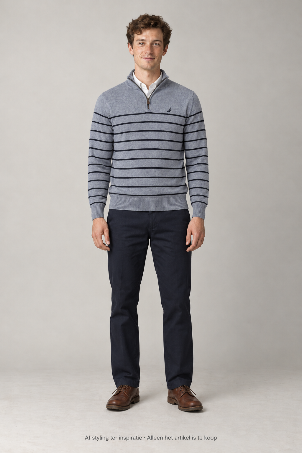 AI-styling ter inspiratie: Nautica Quarter Zip trui met korte rits. Blauw gestreept. Maat M. Alleen dit artikel is inbegrepen; overige kleding en schoenen niet.