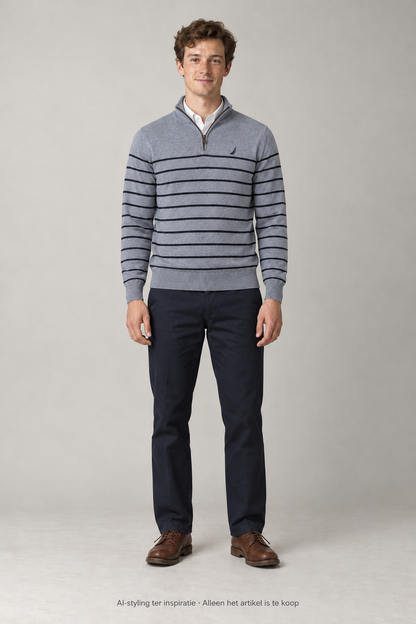 AI-styling ter inspiratie: Nautica Quarter Zip trui met korte rits. Blauw gestreept. Maat M. Alleen dit artikel is inbegrepen; overige kleding en schoenen niet.