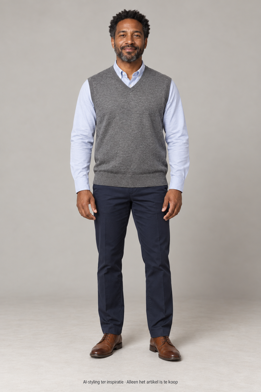 AI-styling ter inspiratie: Royal Class Selection Spencer met V-Hals. Grijs gemêleerd. Maat M. Alleen dit artikel is inbegrepen; overige kleding, schoenen en accessoires niet.