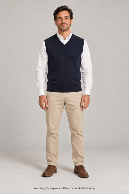 AI-styling ter inspiratie: Fisk of Oslo Merino Wollen Spencer met V-Hals. Donker Blauw gekleurd. Maat M. 50% Merino Wol & 50% Acryl. Alleen dit artikel is inbegrepen; overige kleding, schoenen en accessoires niet.