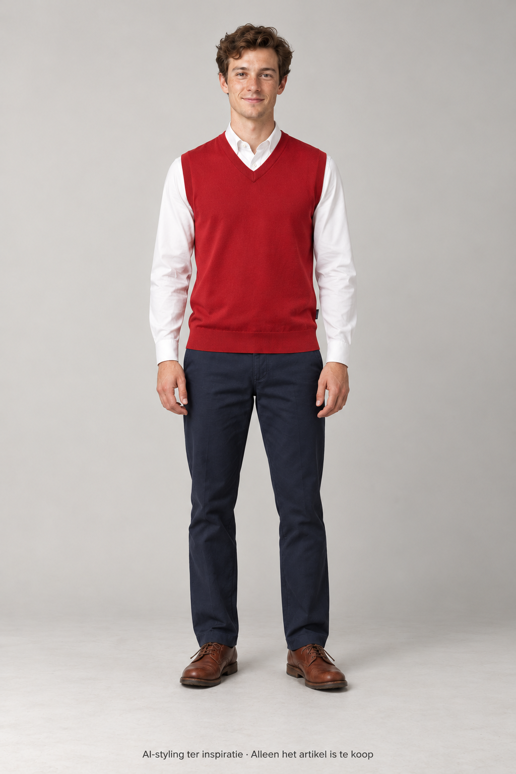 AI-styling ter inspiratie: Abacus Spencer met V-Hals. Rood gekleurd. Maat M. Alleen dit artikel is inbegrepen; overige kleding, schoenen en accessoires niet.
