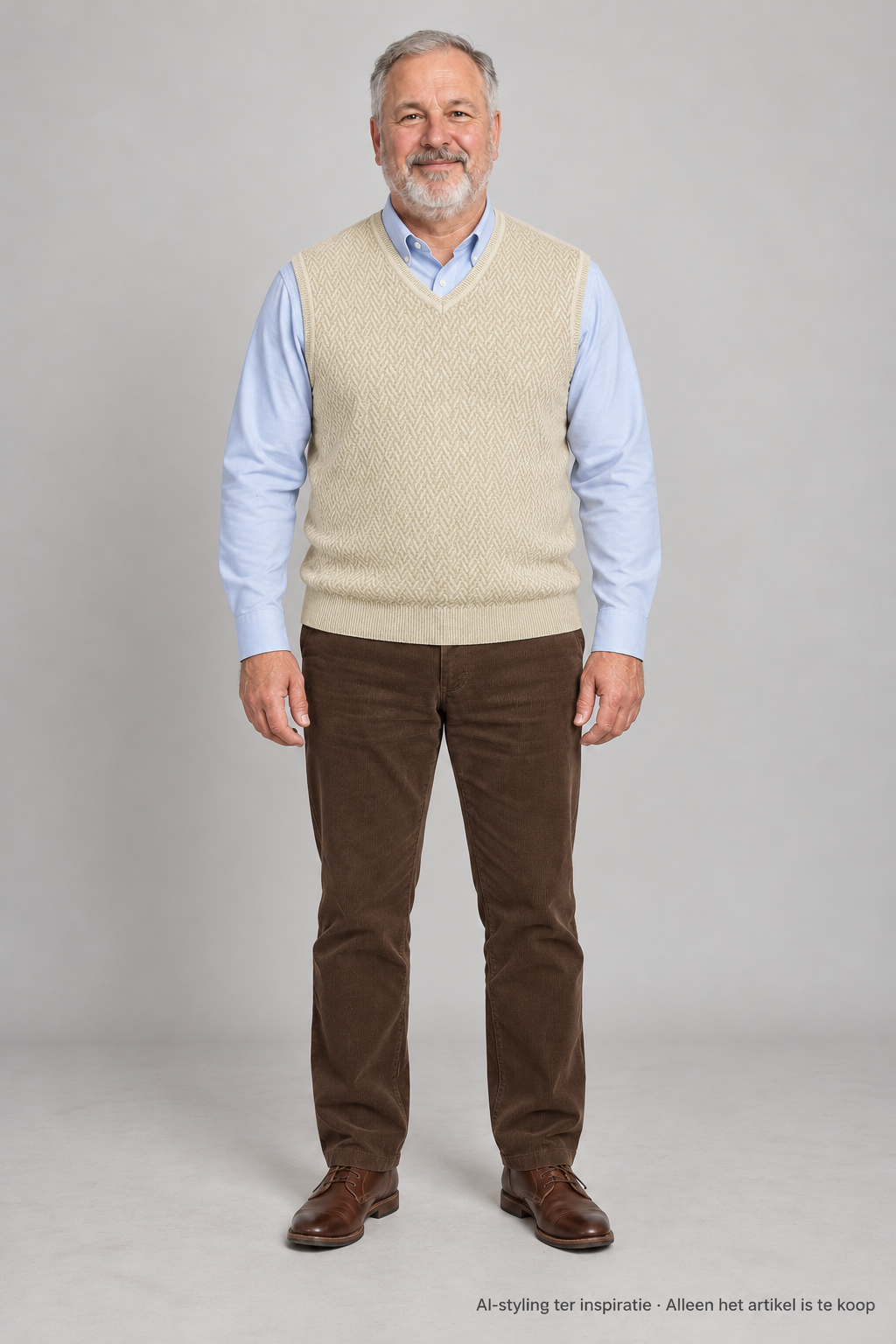 AI-styling ter inspiratie: Arrow Spencer met V-Hals. Beige visgraat motief. Maat L. Alleen dit artikel is inbegrepen; overige kleding, schoenen en accessoires niet.
