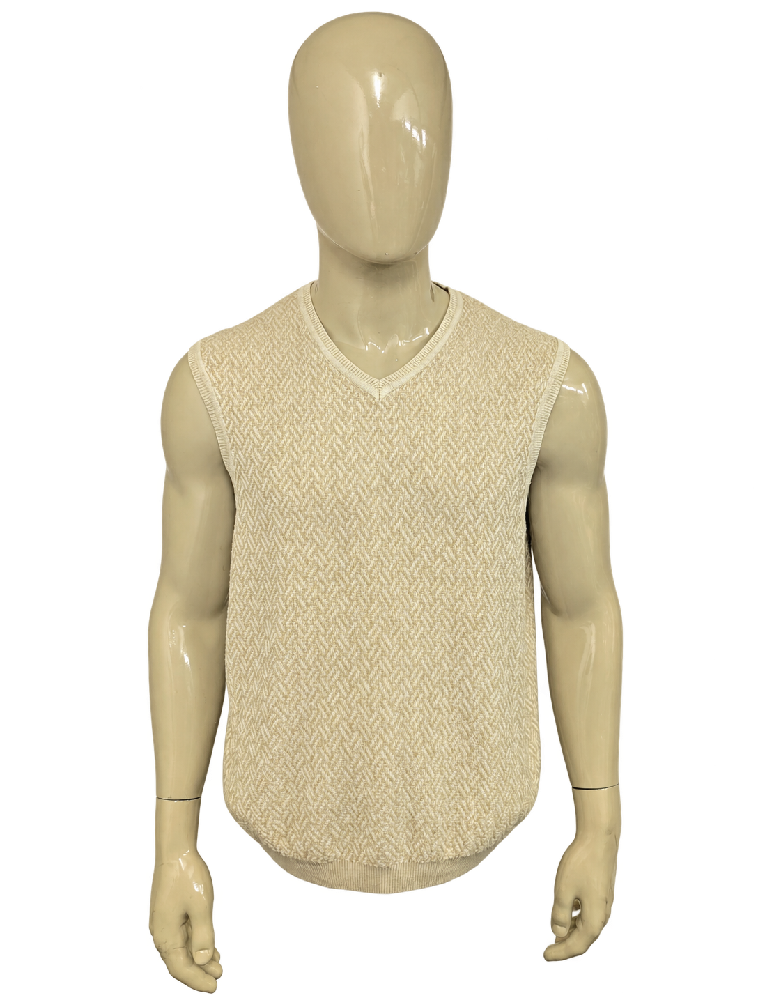 Arrow Spencer met V-Hals. Beige visgraat motief. Maat L. – voorzijde, vrijstaand.