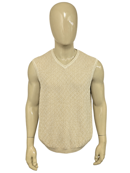 Arrow Spencer met V-Hals. Beige visgraat motief. Maat L. – voorzijde, vrijstaand.