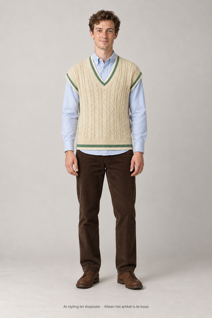 AI-styling ter inspiratie: Levi's Wollen Spencer met kabeltrui motief. Beige met Groen Witte rand. Maat L. 55% Wol. Alleen dit artikel is inbegrepen; overige kleding, schoenen en accessoires niet.