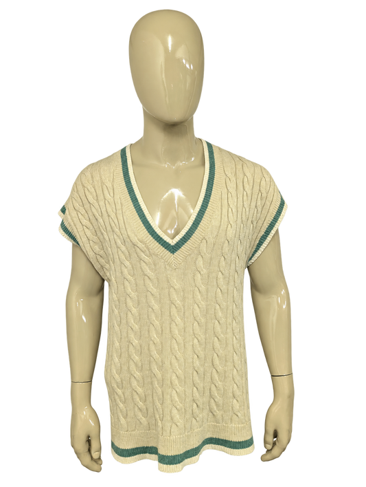 Levi's Wollen Spencer met kabeltrui motief. Beige met Groen Witte rand. Maat L. 55% Wol. – voorzijde, vrijstaand.