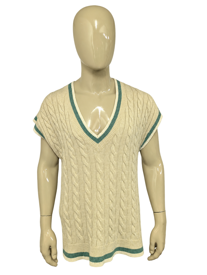 Levi's Wollen Spencer met kabeltrui motief. Beige met Groen Witte rand. Maat L. 55% Wol. – voorzijde, vrijstaand.