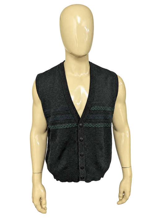 Vintage Wollen Spencer/Gilet. Grijs Groen Blauw Geel gekleurd. Maat L. #836. – voorzijde, vrijstaand.