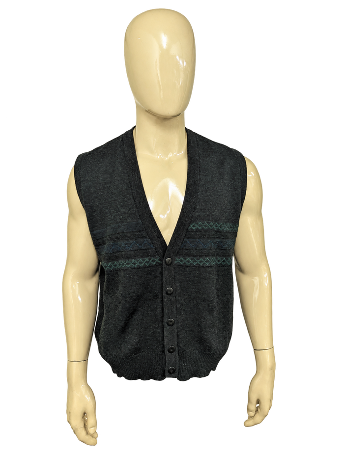 Vintage Wollen Spencer/Gilet. Grijs Groen Blauw Geel gekleurd. Maat L. #836. – voorzijde, vrijstaand.