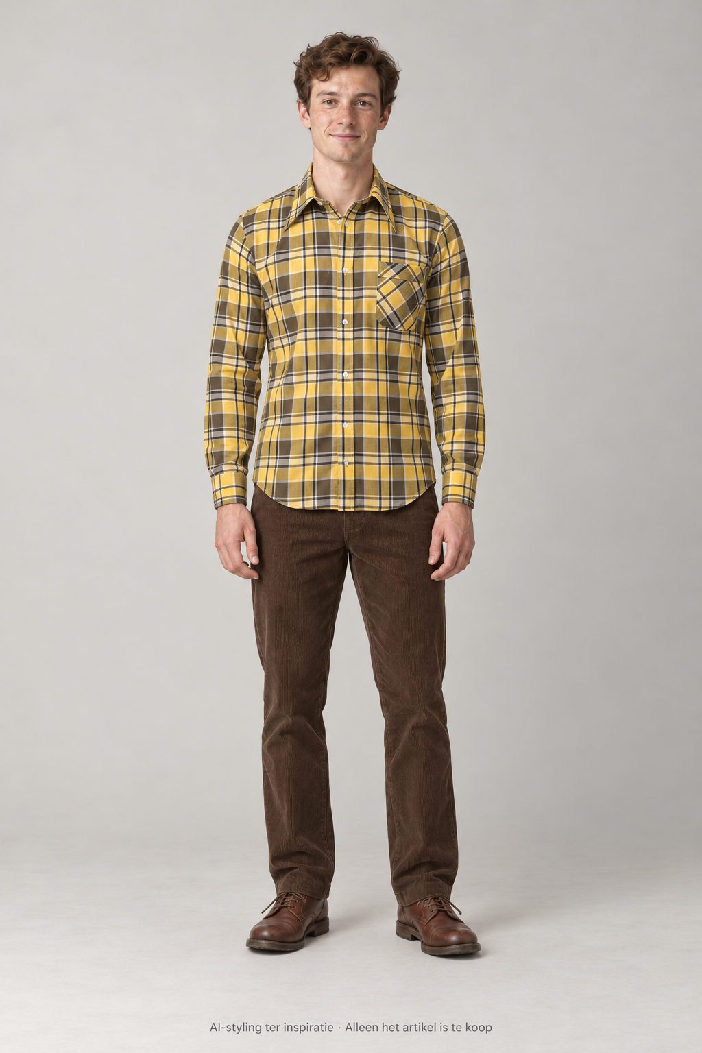 AI-styling ter inspiratie: Vintage Harry King overhemd met puntkraag. Geel Wit Zwart geruit. Maat M. Alleen dit artikel is inbegrepen; overige kleding, schoenen en accessoires niet.