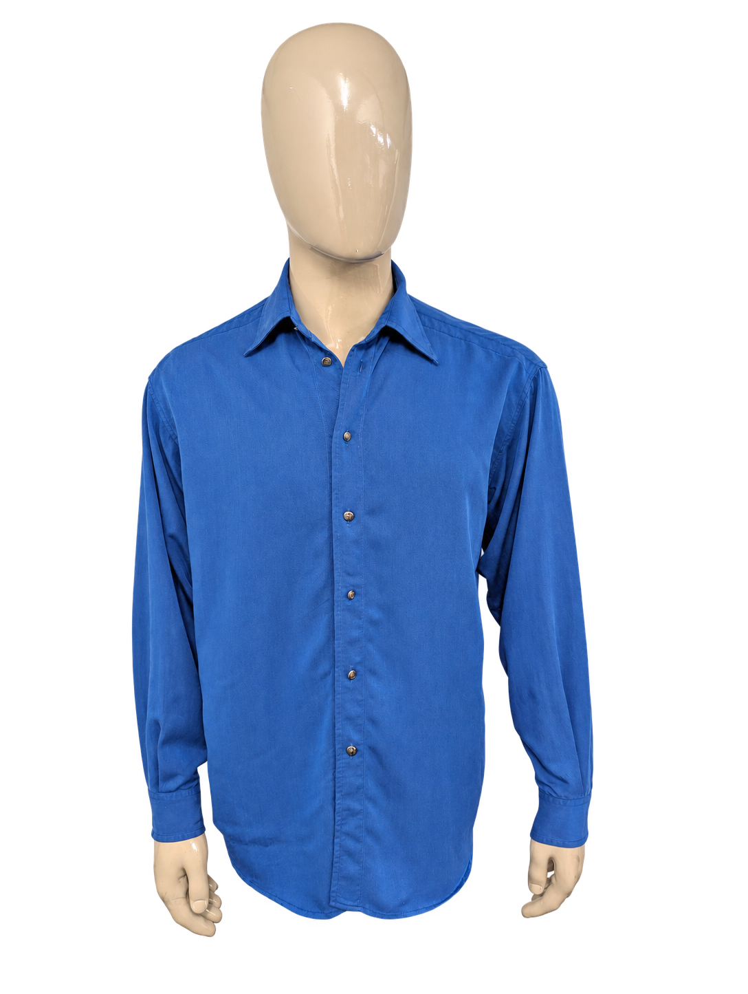 Vintage Versace Jeans Couture overhemd. Blauw gemêleerd met licht glanzend effect en de mooie iconische knopen. Maat L. – voorzijde, vrijstaand.