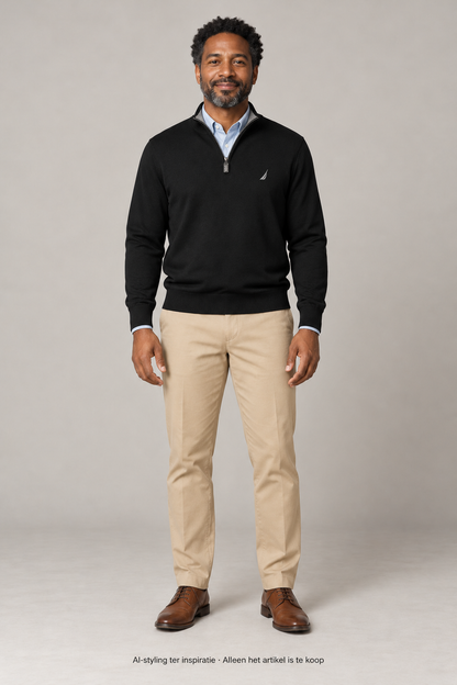AI-styling ter inspiratie: Nautica Quarter Zip trui met korte rits. Zwart gekleurd. Maat L. #835. Alleen dit artikel is inbegrepen; overige kleding, schoenen en accessoires niet.
