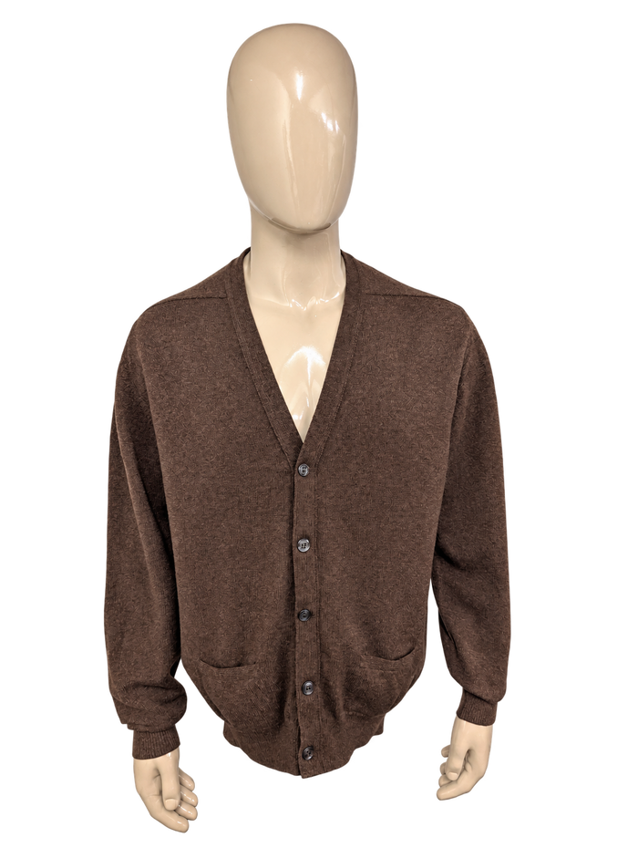 Vintage William Locke Wollen vest met knopen. Bruin gemêleerd. Maat XL. – vrijstaande voorzijde.