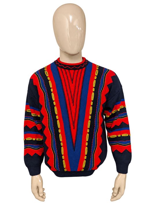 Vintage St. Clou Lamswollen trui. Rood Zwart Blauw Groen gekleurd. Maat XL. – vrijstaande voorzijde.