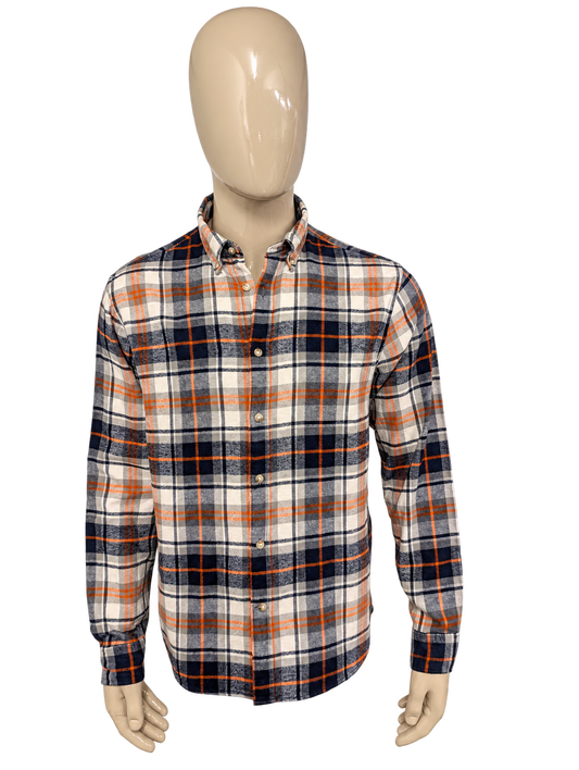 Selected Homme Flanellen overhemd. Oranje Zwart Grijs Wit geruit. Maat L. – vrijstaande voorzijde.