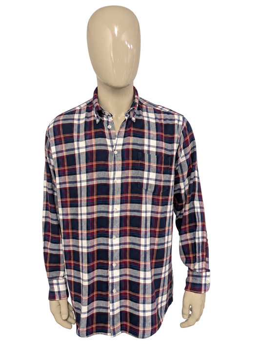 Henderson GCM Flanellen overhemd. Bordeaux Blauw Bruin geruit. Maat 2XL / XXL. – vrijstaande voorzijde.