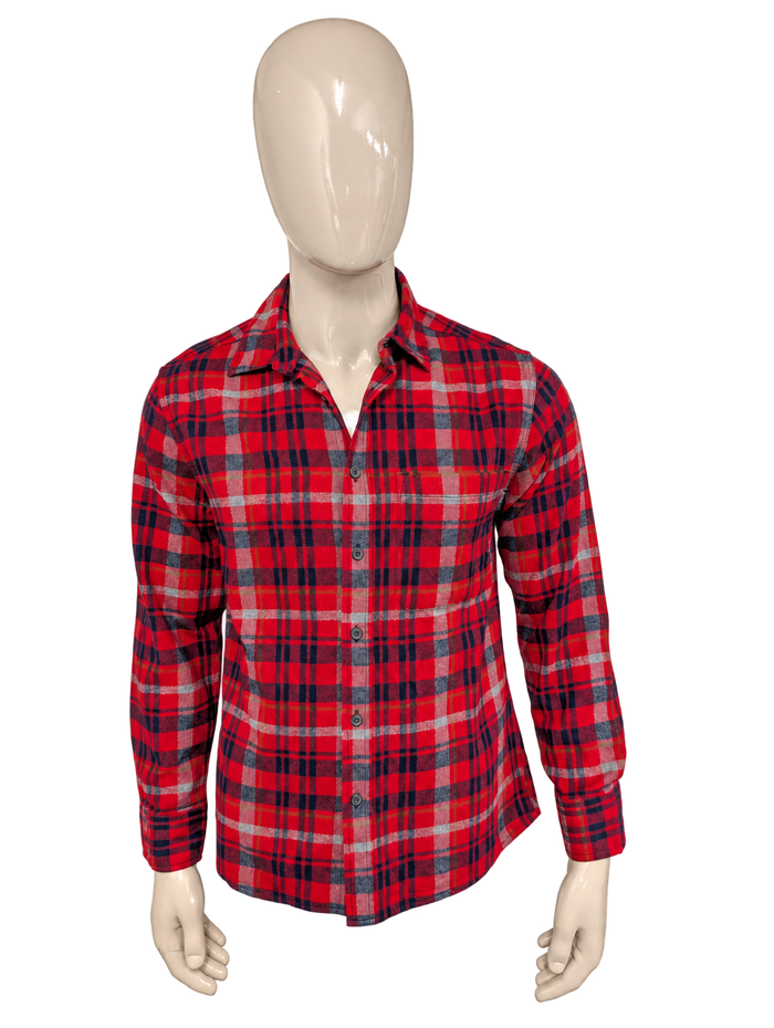 Eddie Bauer Flanellen overhemd. Rood Grijs Zwart geruit. Maat M. – vrijstaande voorzijde.