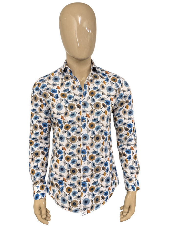 R2 Amsterdam overhemd. Blauw Bruine Bloemen print. Maat M. – vrijstaande voorzijde.
