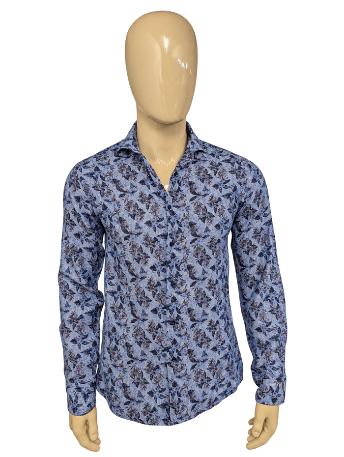 Oscar of Sweden overhemd. Blauw Bruine bloemen print. Maat M. – vrijstaande voorzijde.