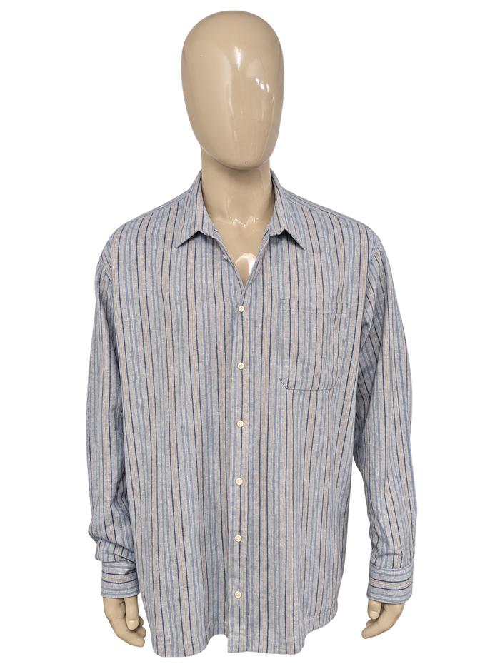 Vintage Flanellen overhemd. Blauw Bruin gestreept. Maat 3XL / XXXL.  #839. – vrijstaande voorzijde.