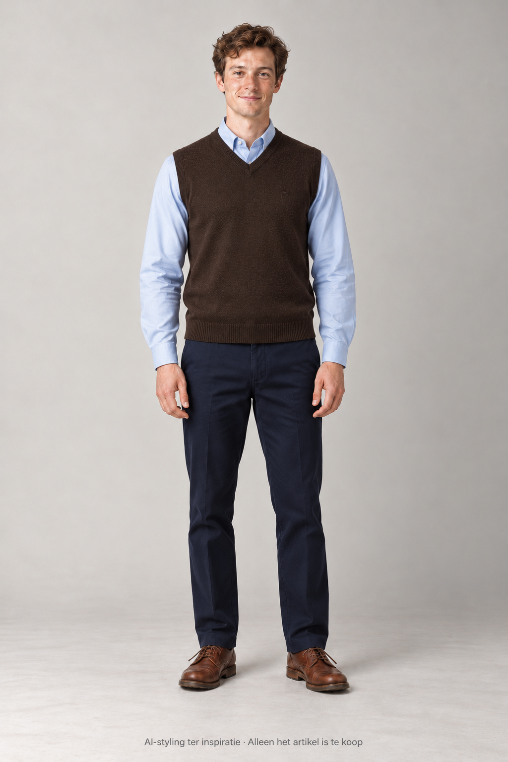 AI-styling ter inspiratie: bruine Fiamma spencer met lichtblauw overhemd en donkerblauwe pantalon. Alleen de spencer is inbegrepen.