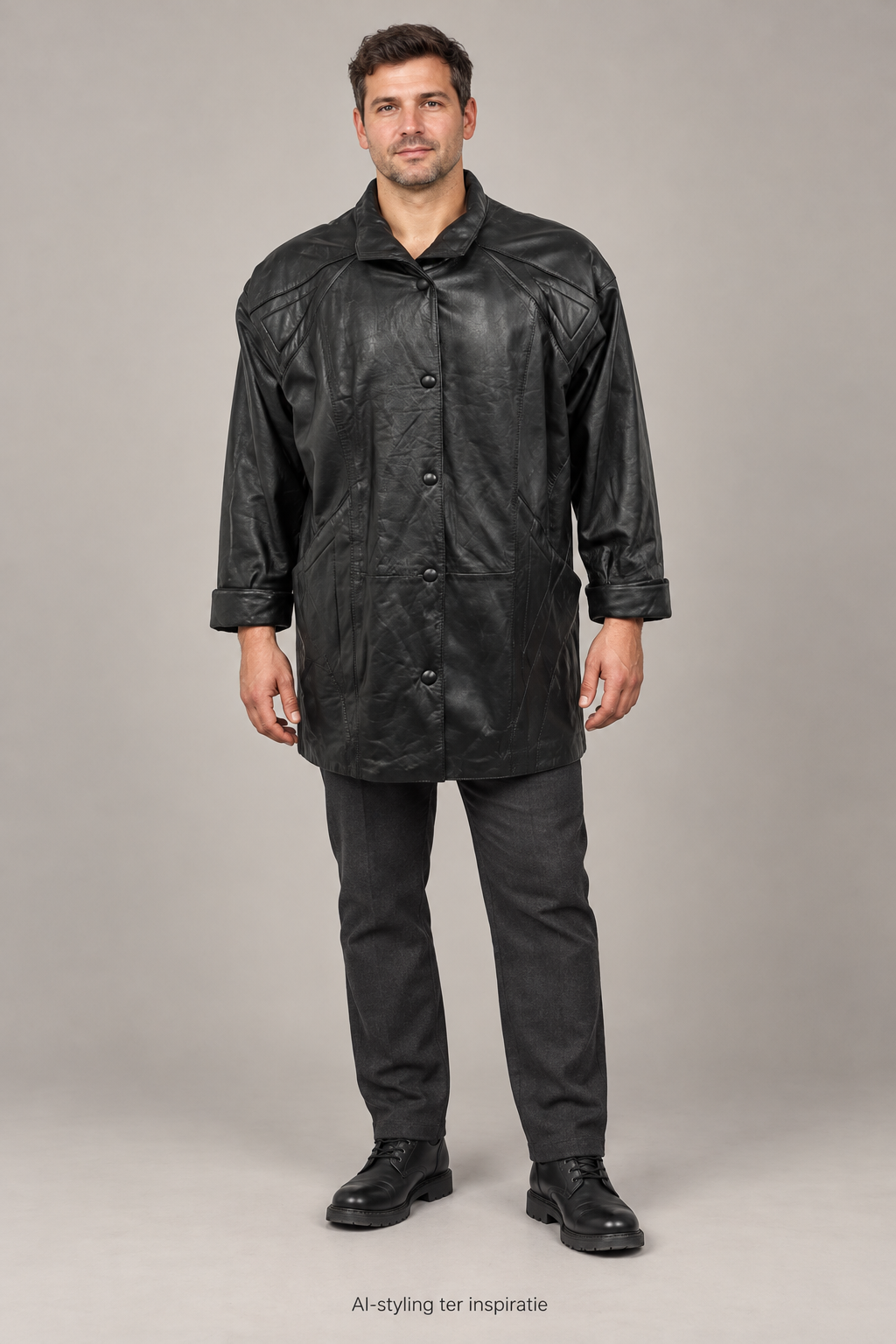 AI-styling ter inspiratie: man in zwarte leren jas #734; overige kleding niet inbegrepen.