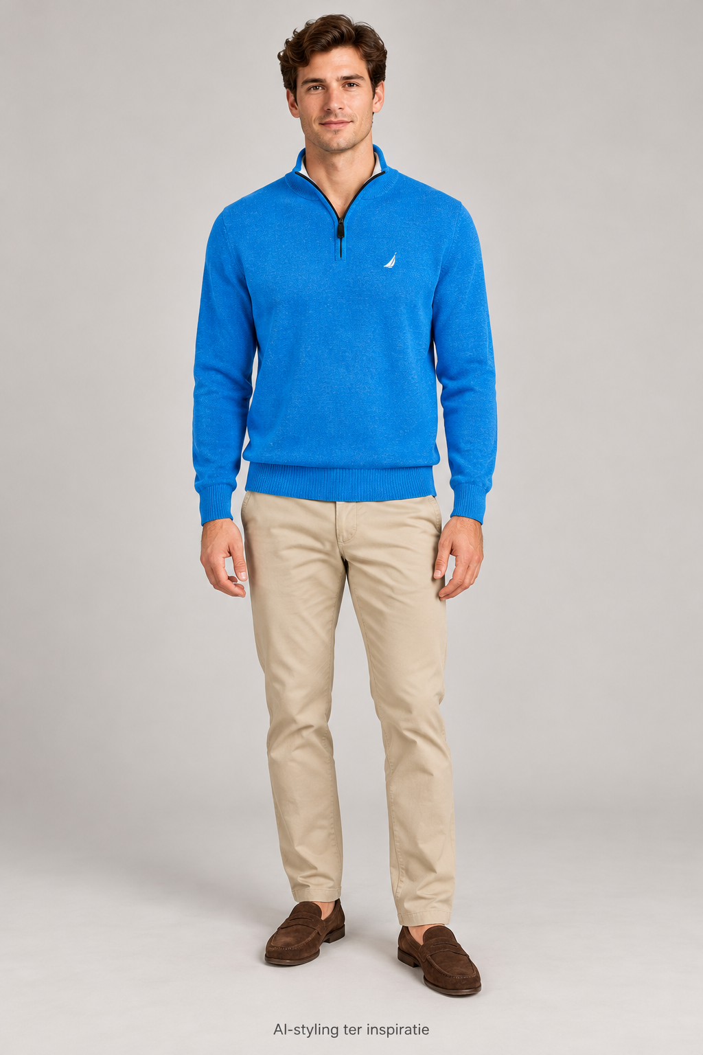 AI-styling ter inspiratie: man in blauwe Nautica-trui; overige kleding niet inbegrepen.