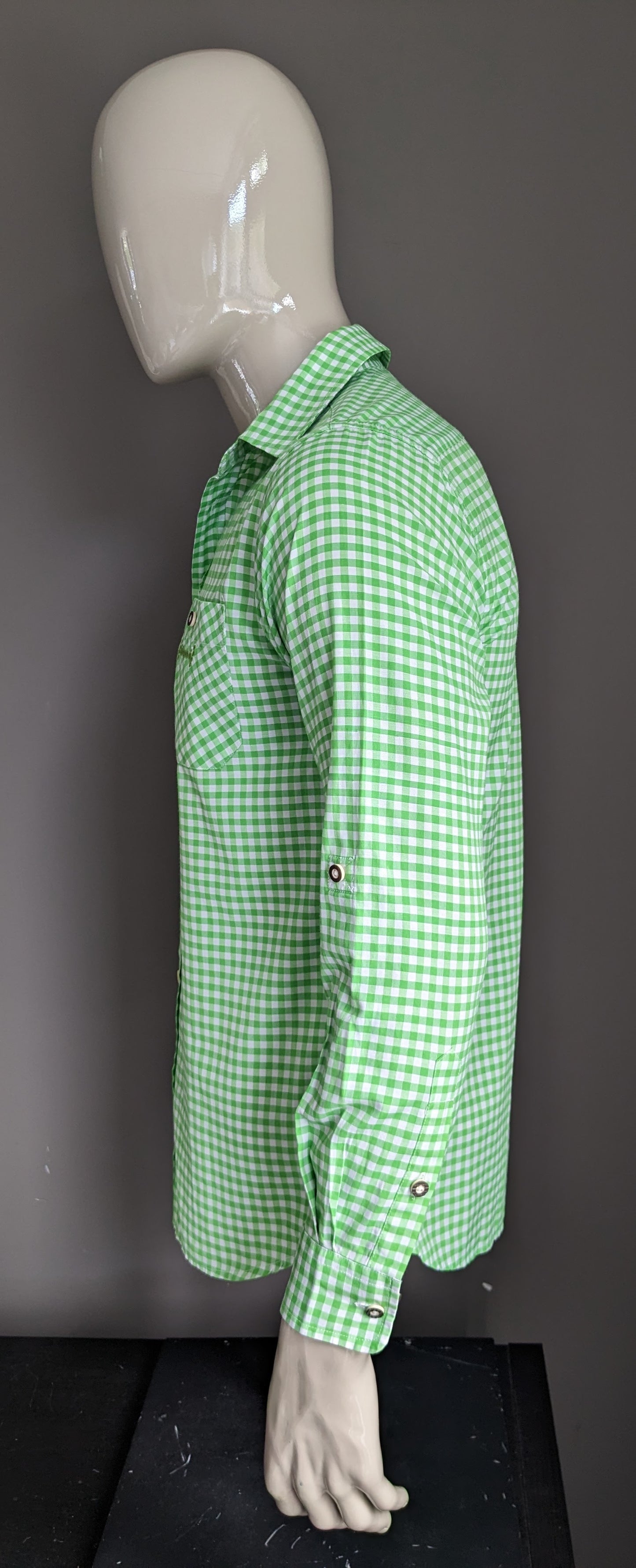Trachtengaudi by Gino Ginero overhemd. Groen Wit geblokt. Maat S. Slim Fit.