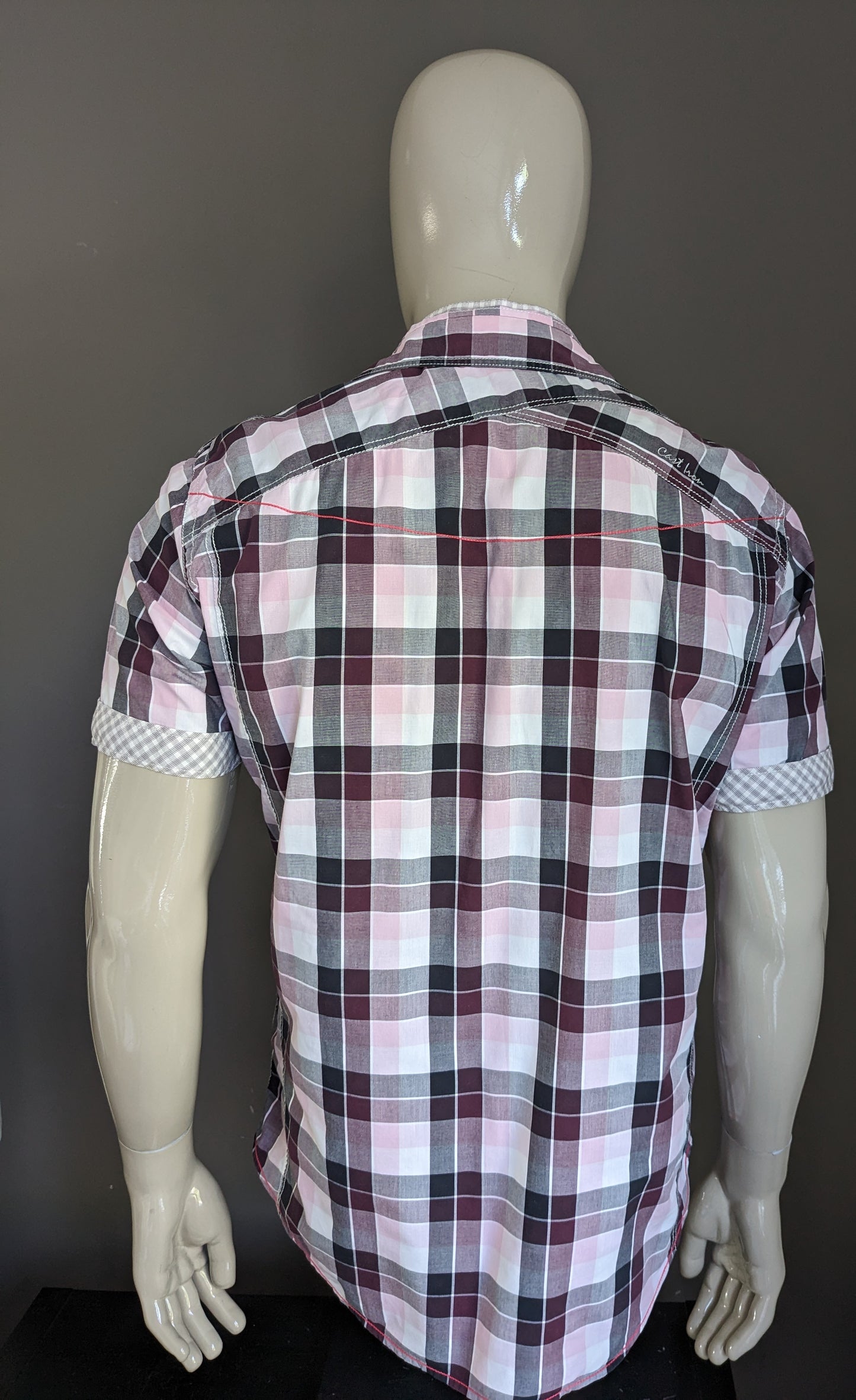 Cast Iron Shirt short sleeve and double collar. Purple pink black and white checkered. Size XL.