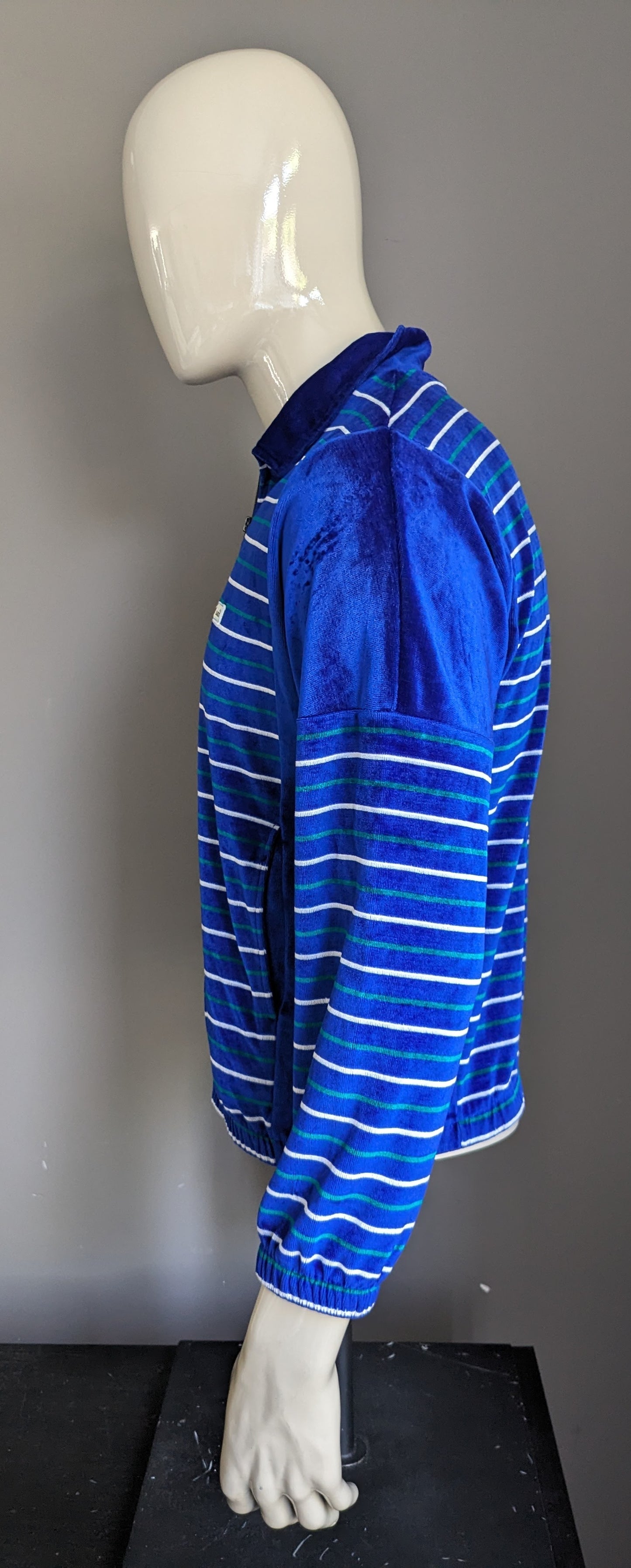 Vintage Velours / Velvet vest. Blauw Groen Wit gestreept. Maat M.
