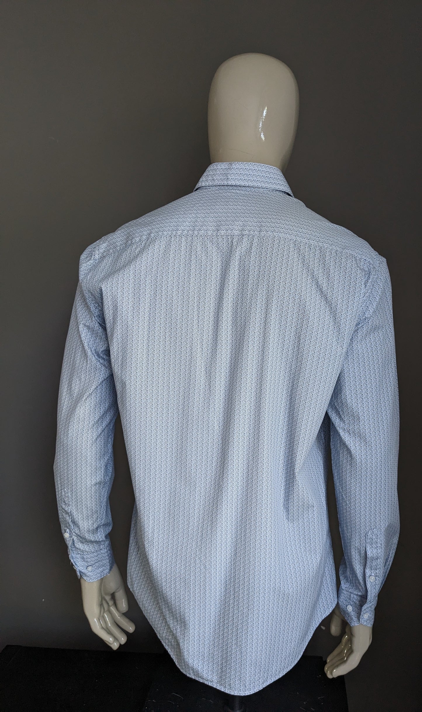 Max Goodman overhemd. Blauw Bruin Witte print. Maat L.