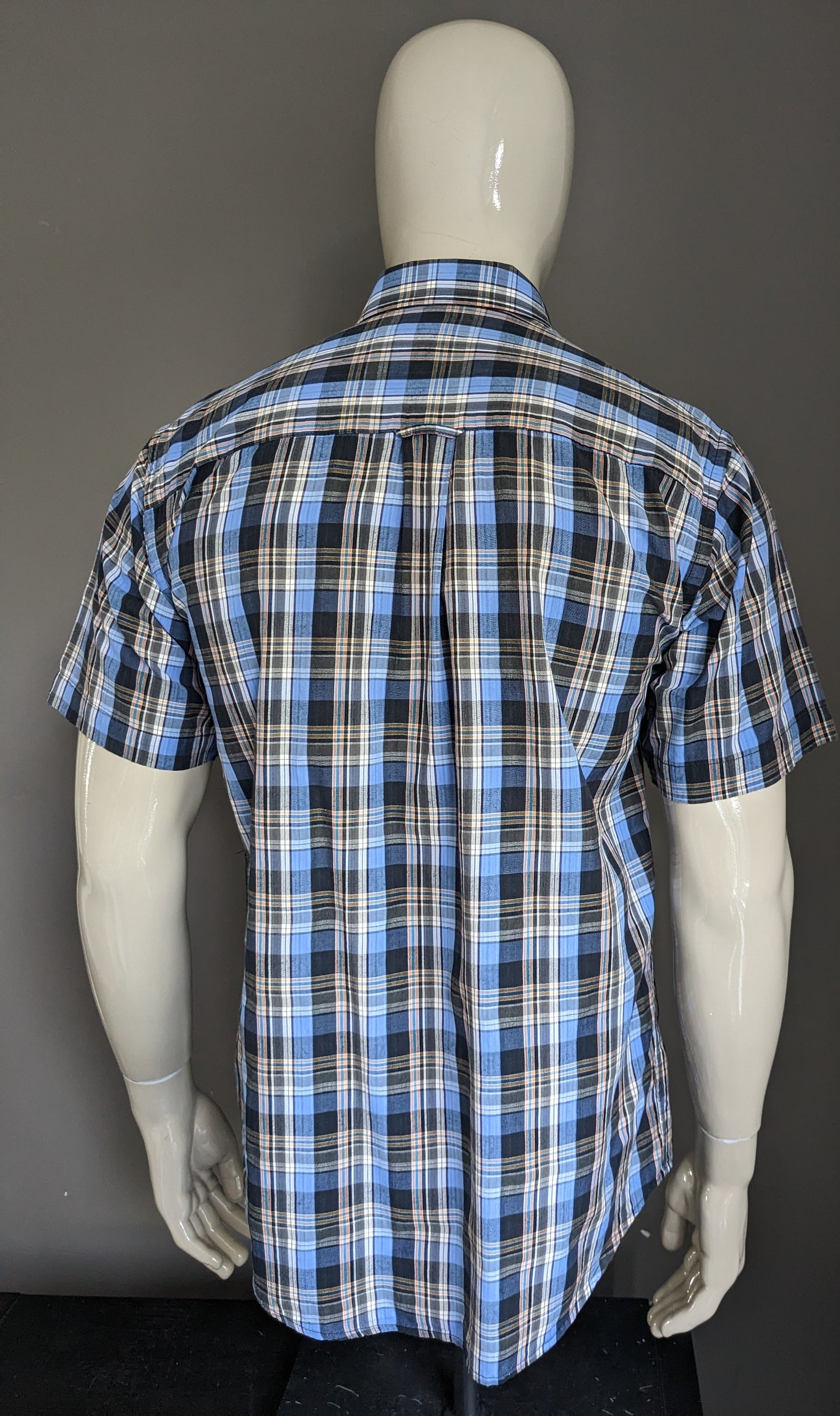 Vintage Kenmore overhemd korte mouw. Blauw Oranje geruit. Maat M / L.