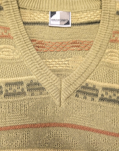 Vintage Gira Mondo trui met V-Hals. Groen Oranje Geel gekleurd. Maat XL.